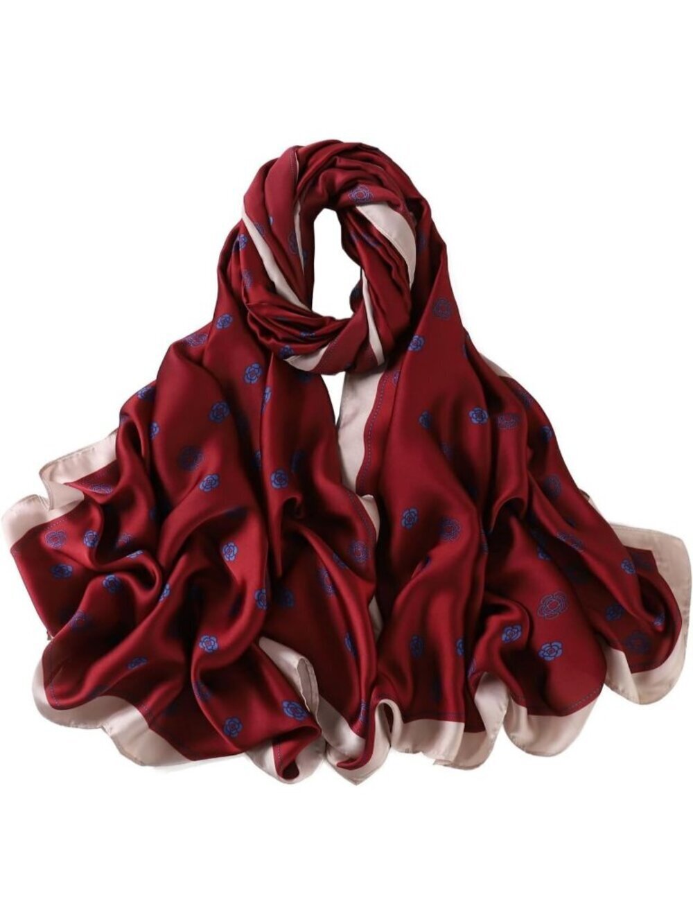 Women's Silk Red Lightweight Silk Scarves Flower Print Head Cotton Wrap Scarf